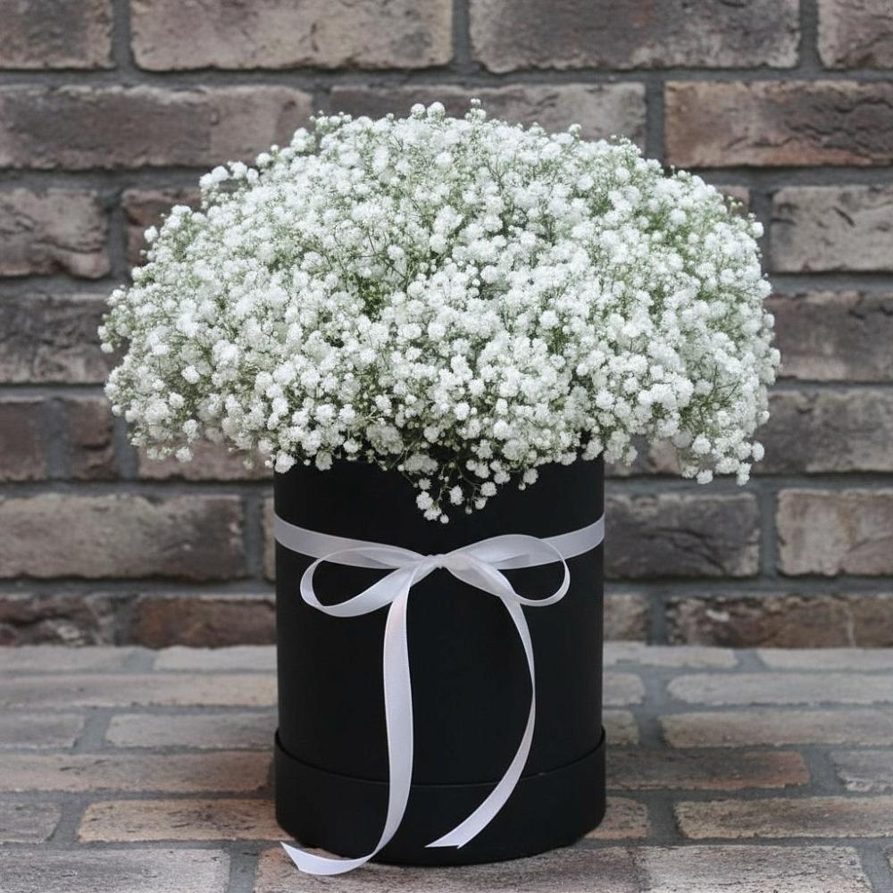 Цветочная композиция из Гипсофила в шляпной коробке в Новошешминск